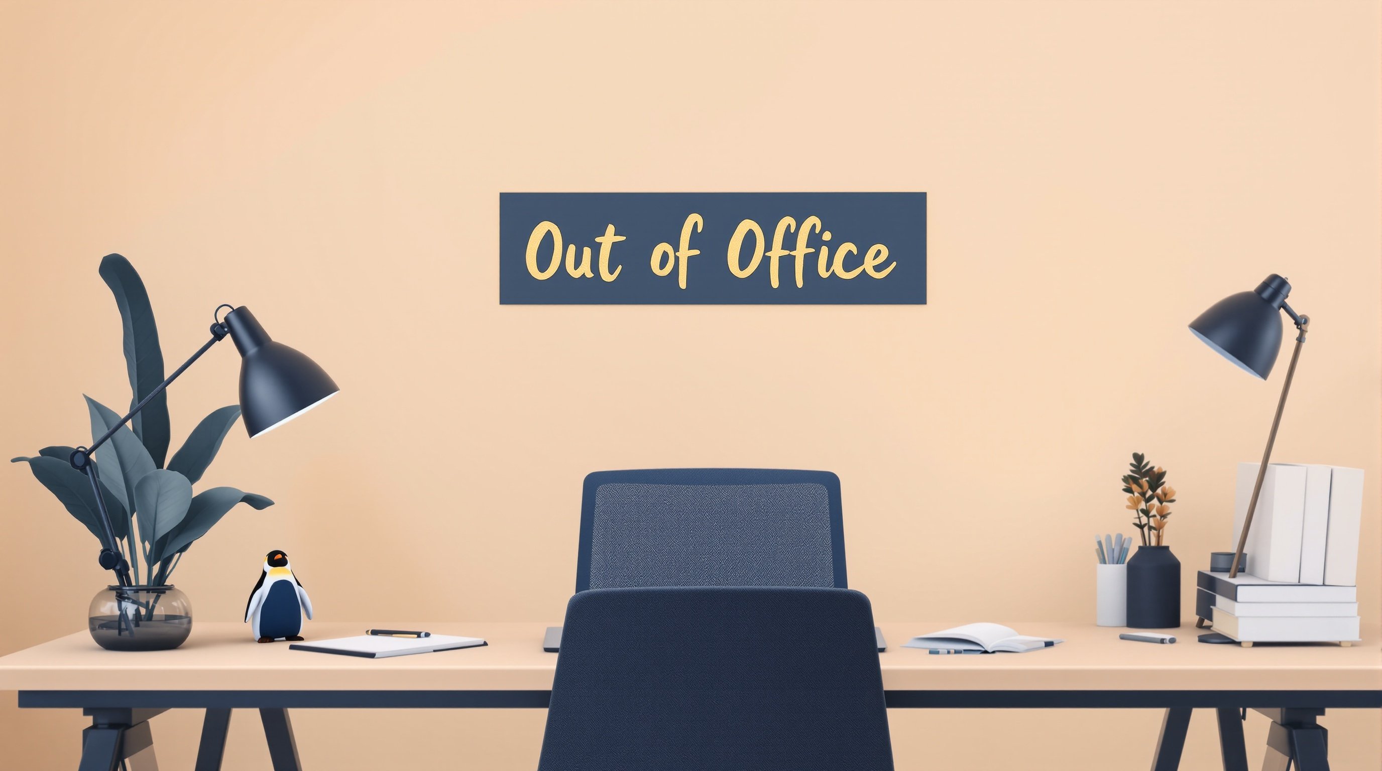 Office desk with Out of Office sign - your brain's CEO has left the building