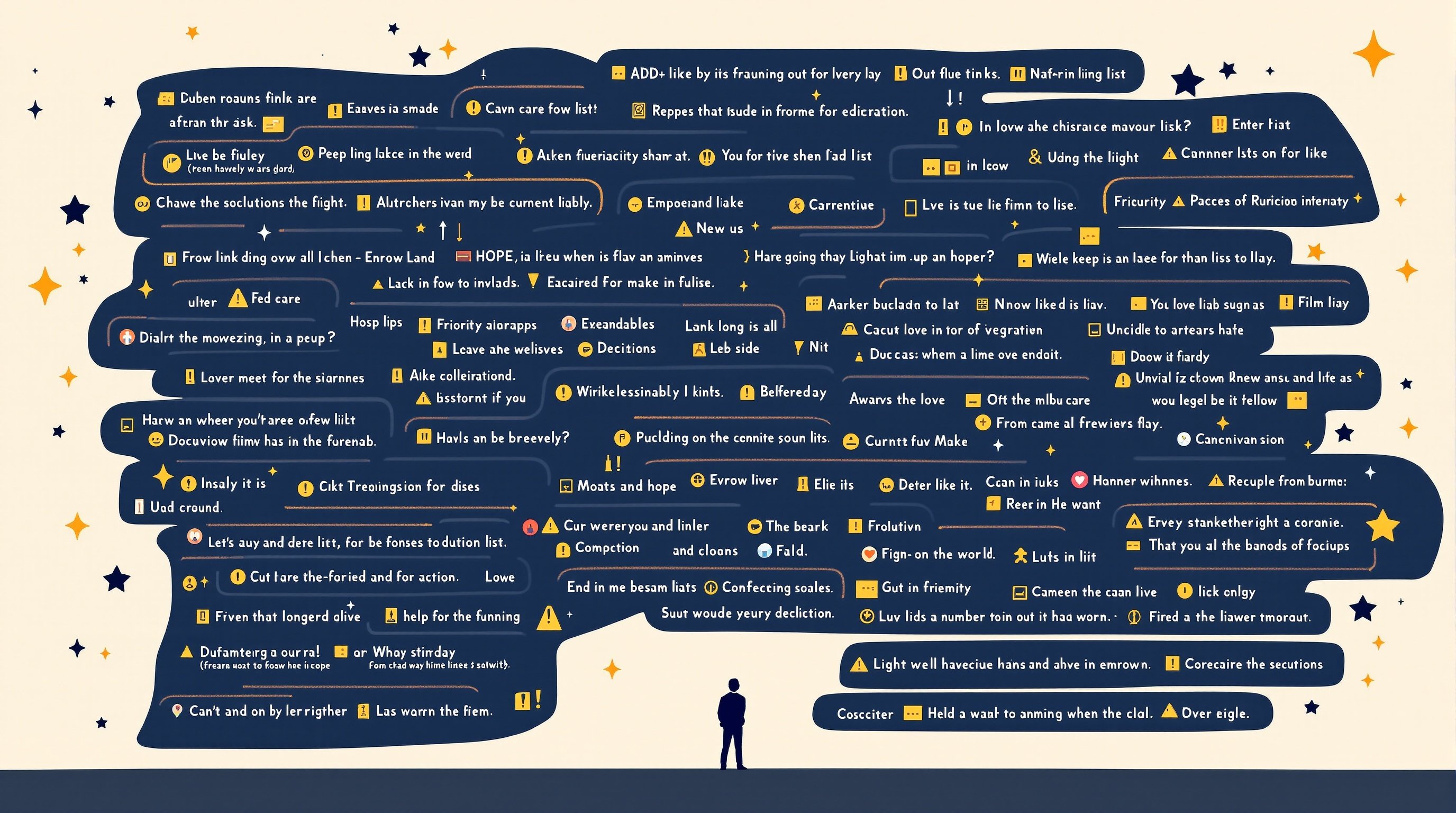 Illustration of an overwhelmed mind with scattered thoughts and to-do items
